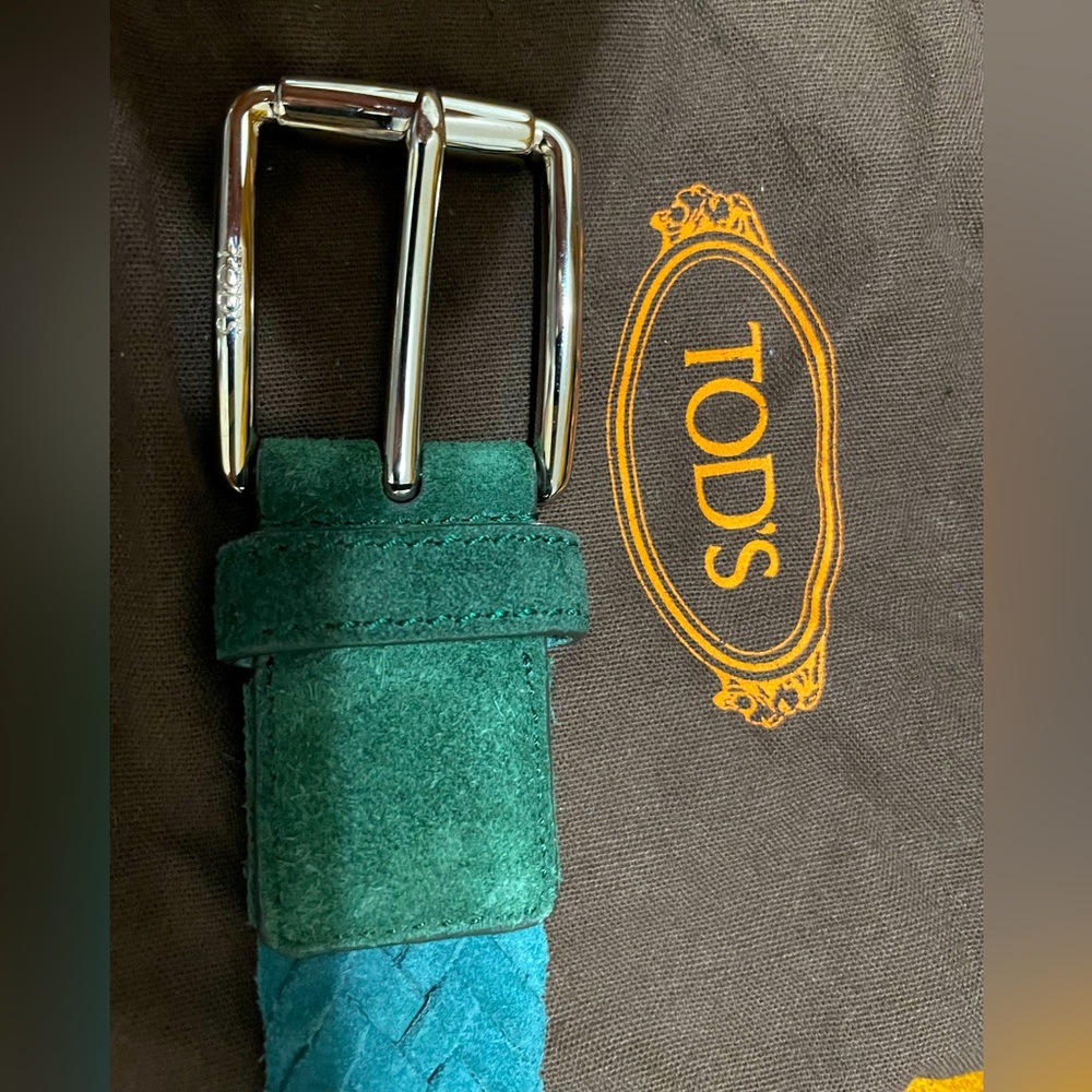 Tod’s made in Italy suede belt teal peacock blue-green braided/woven